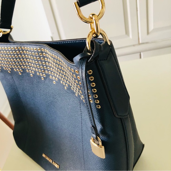 Michael Kors Hayes Collection Grommet Quality Leather Bucket Tote Bag Navy Blue - Picture 12 of 12